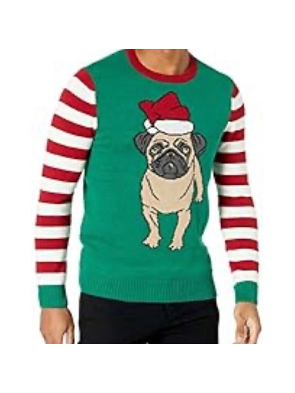 Ugly Christmas Sweater Santa Pug Striped Christmas Sweater